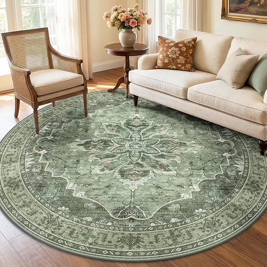 RELEANY Area Rugs Round 6ft Washable Non-Slip, Floral Vintage Distress Print by RELEANY