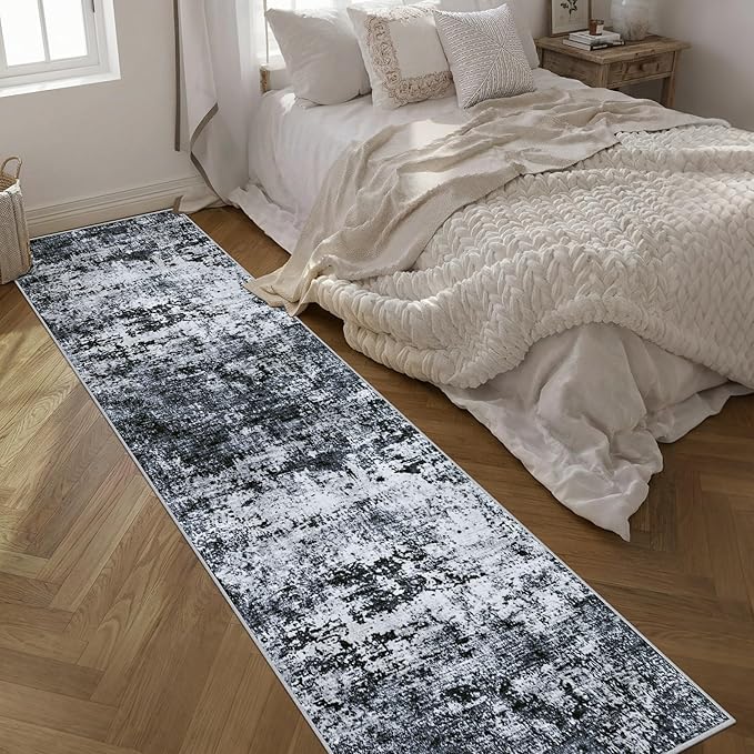2.6'x14' Runner Rug Washable Rug: Modern Abstract Soft Thin Runner Rug Black - Image 2