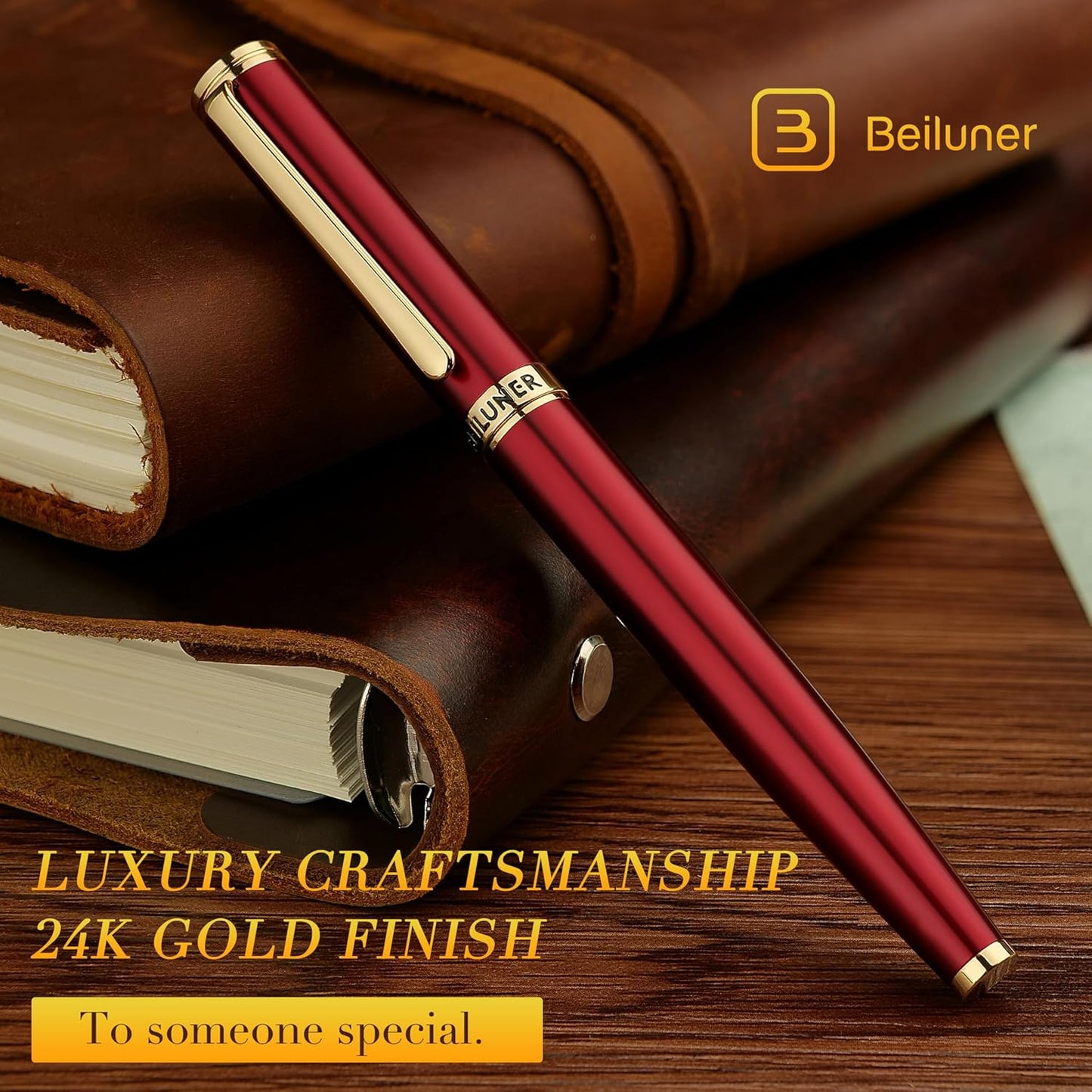 BEILUNER Red Fountain Pen,Stunning Luxury Pens with 24K Gold Finish, Gorgeous 24K Gilded Nib(Medium), Fancy Pen Gift for Men&Women -Ink Converter-Elegant,Professional,Office,Nice Pen for Writing