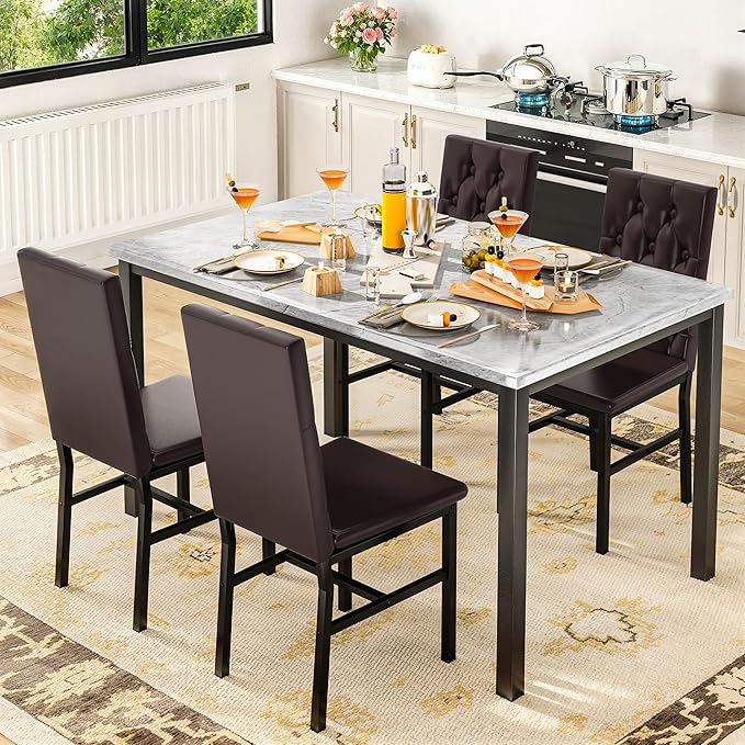Hooseng Dining Table Set for 4, Faux Marble Small Kitchen Table Chairs Set of 4 - Image 2