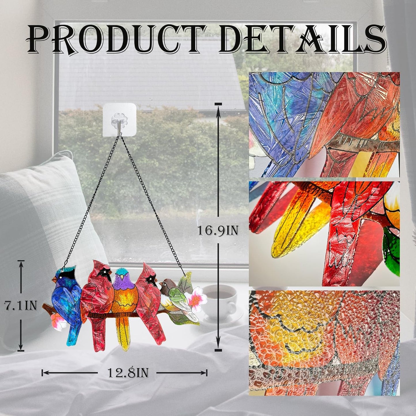 Stained Glass Window Hanging - Large Stained Glass Birds on Branch, Birds Sun Catchers Indoor Window with Chain and Hook Gifts for Bird Lover, Mom, Grandma, Stocking Stuffers for Women