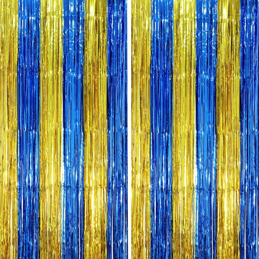 2 Pack Blue Gold Foil Fringe Backdrop Curtains, Graduation Tinsel Streamers Party Decorations, Fringe Backdrop, Door Shimmer for Birthday Party