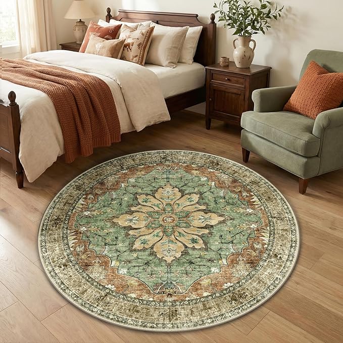RELEANY Area Rugs Round 4ft Washable Non-Slip, Floral Vintage Distress Print - Image 3