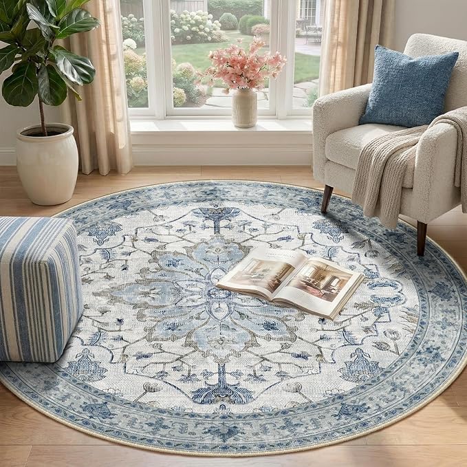 RELEANY Area Rugs Round 4ft Washable Non-Slip, Floral Vintage Distress Print - Image 2