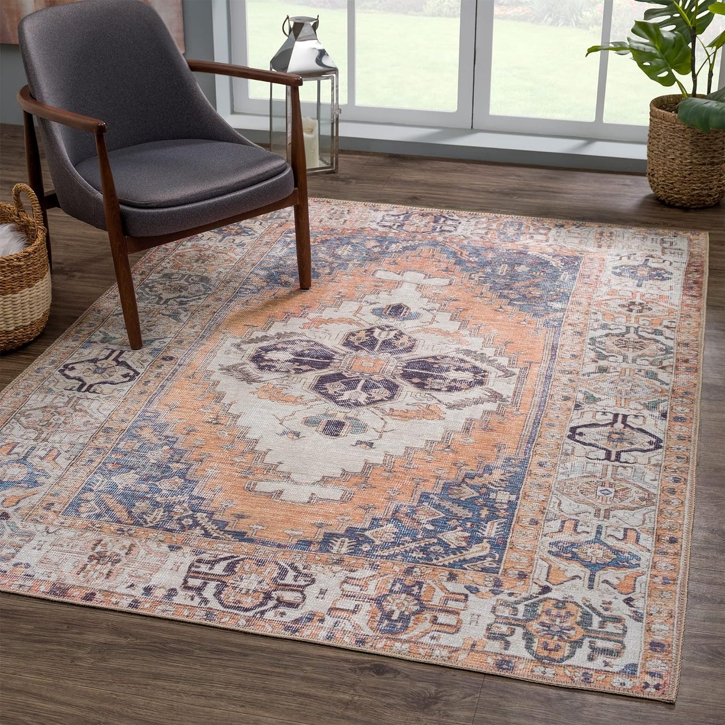 Bloom Rugs Washable 8' x 10' Rug - Orange/Blue/Beige Traditional Area Rug for Living Room, Bedroom, Dining Room, and Kitchen - Exact Size: 8' x 10'