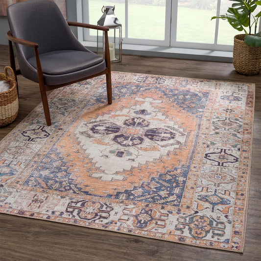 Bloom Rugs Washable 8' x 10' Rug - Orange/Blue/Beige Traditional Area Rug for Living Room, Bedroom, Dining Room, and Kitchen - Exact Size: 8' x 10'
