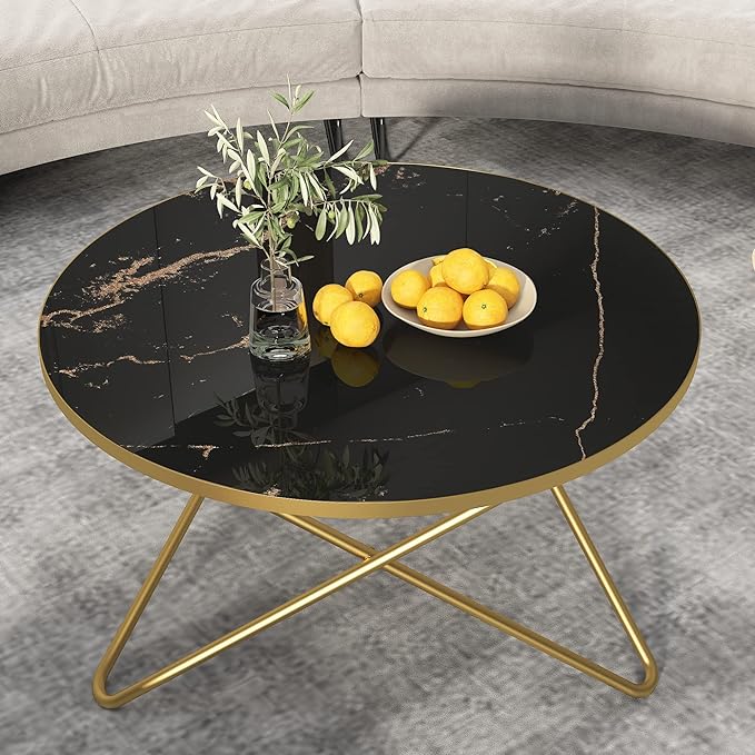 HLR Round Coffee Table with Black Faux Marble Top by HomeDeservesaRelaxLiving