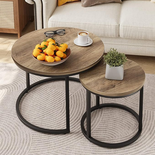 Smuxee Nesting Coffee Table Set of 2, 23.6" Round Coffee Table Wood Grain Top by Smuxee