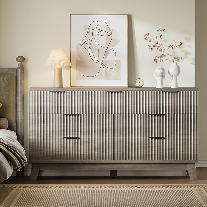 BORNOON 57" Long Dresser for Bedroom, 7-Drawer Fluted Chest, Wide Wood Storage - Image 4