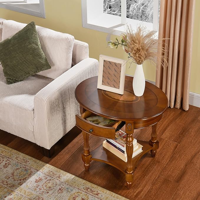 LEEMTORIG Oval Round End Table, 2-Tier Solid Wood End Table Side Table - Image 4