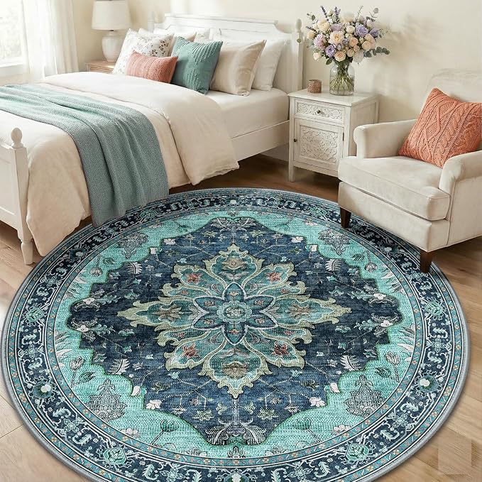 RELEANY Area Rugs Round 6ft Washable Non-Slip, Floral Vintage Distress Print - Image 3