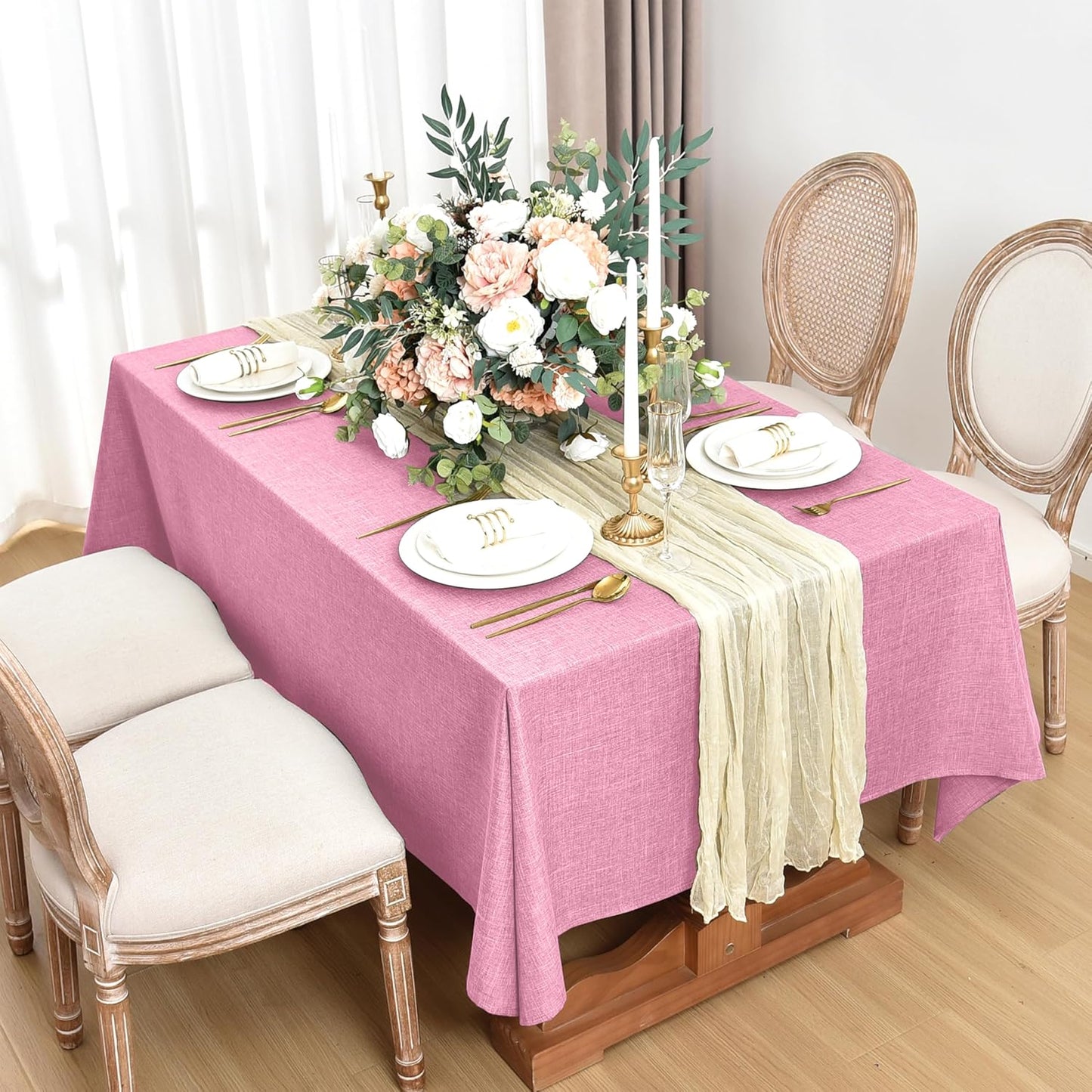 Fitable Square Table Cloth Linen Textured: Water & Stain Resistant Farmhouse Tablecloth, Washable Burlap Table Covers for Kitchen Dining Party(2 Pack, 54x54 Inch, Pink)