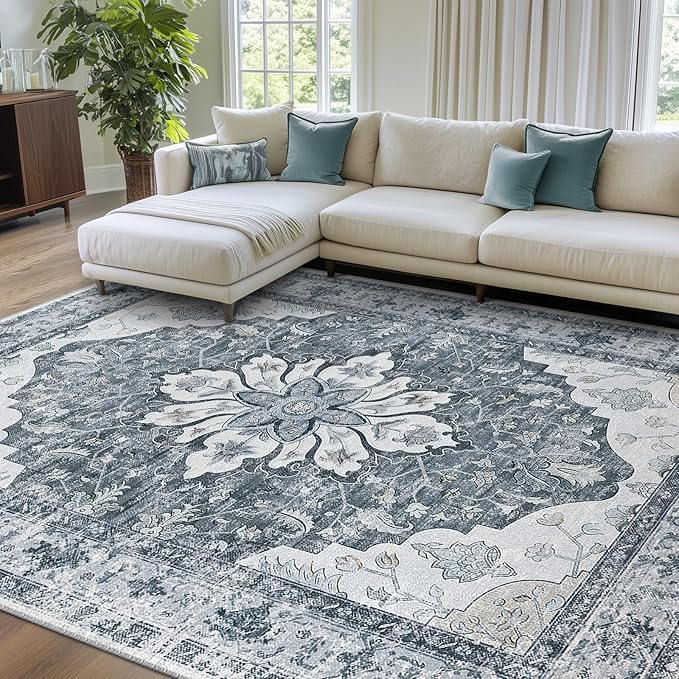 RELEANY Area Rugs 8'x10' Washable Non-Slip, Floral Vintage Distress Print by RELEANY