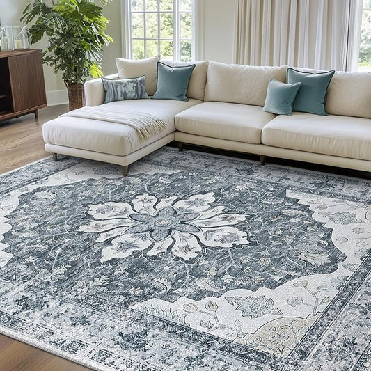 RELEANY Area Rugs 8'x10' Washable Non-Slip, Floral Vintage Distress Print by RELEANY
