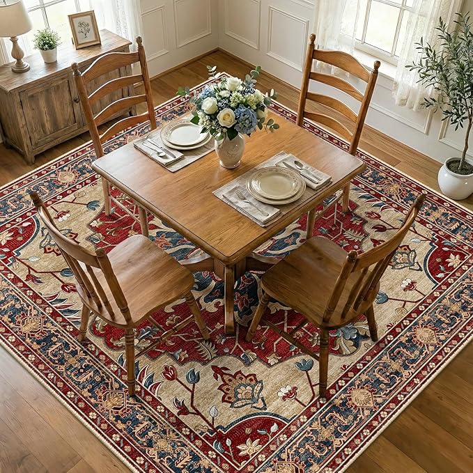 RELEANY Area Rugs Square 8ft Washable Non-Slip, Floral Vintage Distress Print by RELEANY