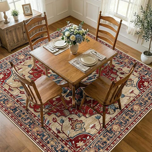 RELEANY Area Rugs Square 8ft Washable Non-Slip, Floral Vintage Distress Print by RELEANY