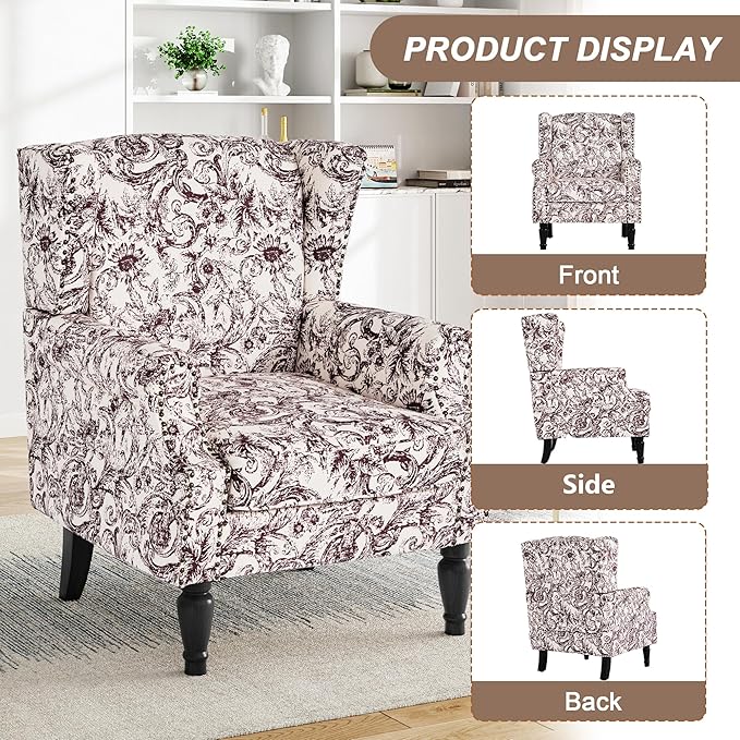 Pia Ricco Set of 2 Floral Accent Chairs, High Back Upholstered Armchairs - Image 3
