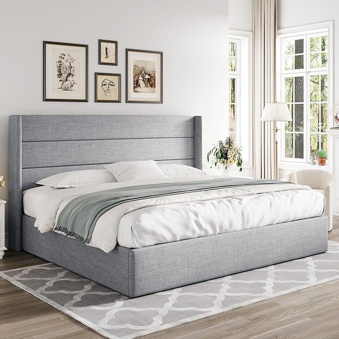 Allewie King Size Lift Up Storage Bed, Modern Wingback Headboard, Hydraulic - Image 8