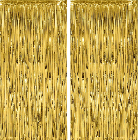 2 Pack Gold Foil Fringe Backdrop Curtains, Tinsel Streamers Birthday Party Decorations, Fringe Backdrop for Graduation, Baby Shower, Gender Reveal, Disco Party