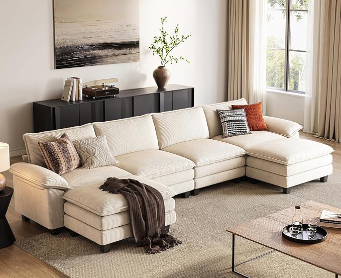 LINSY HOME 157" Modular U-Shaped Sectional Sofa, 4-Seat Corduroy Modern Cloud by LINSYHOME