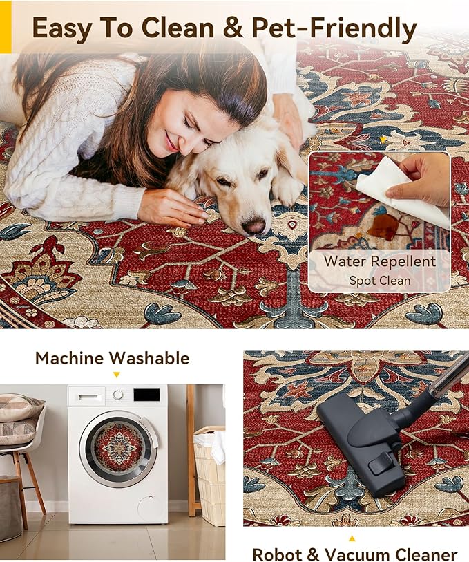 RELEANY Area Rugs Round 6ft Washable Non-Slip, Floral Vintage Distress Print - Image 5