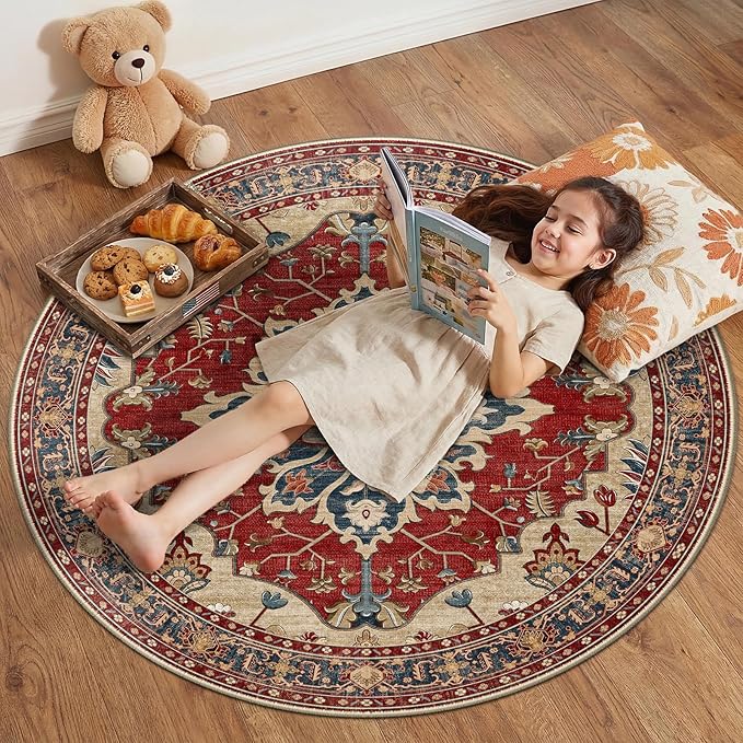 RELEANY Area Rugs Round 4ft Washable Non-Slip, Floral Vintage Distress Print by RELEANY