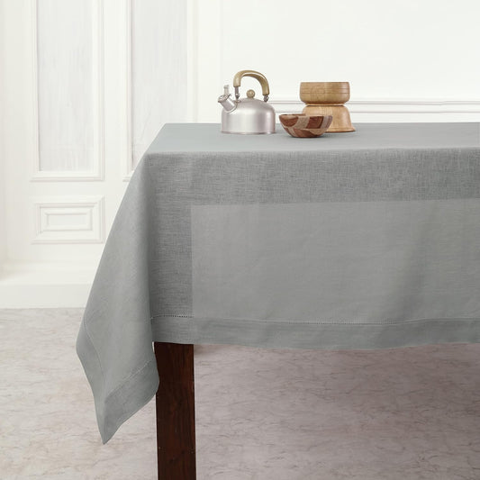 Solino Home Linen Soft Grey Tablecloth 60 x 132 Inch - Classic Hemstitch, 100% Pure Linen Rectangular Tablecloth - Machine Washable Table Cloth for Fall, Autumn, Thanksgiving, Christmas