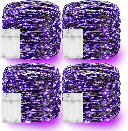 Dazzle Bright Purple Halloween Fairy String Lights, 4 Pack Total 80FT 240LED Copper Wire Battery Operated Waterproof Lights, Halloween Decorations for Indoor Home Outdoor Patio Yard Party Decor