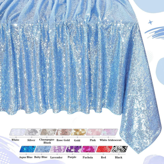 QueenDream Sparkly Sequin Tablecloth - Baby Blue Table Cloth 50x80 Inches Rectangle Table Overlay Fabric for Birthday Parties Baby Shower Decoration