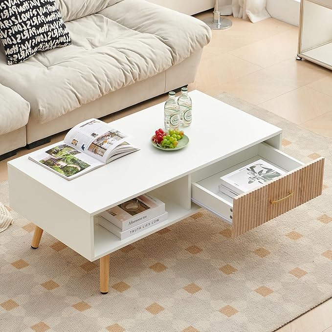 Coffee Table with Storage, Mid Century Boho Wood Center Table with Open Storage - Image 3