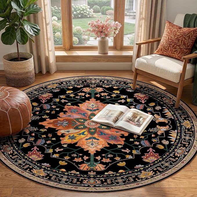 RELEANY Area Rugs Round 4ft Washable Non-Slip, Floral Vintage Distress Print - Image 3