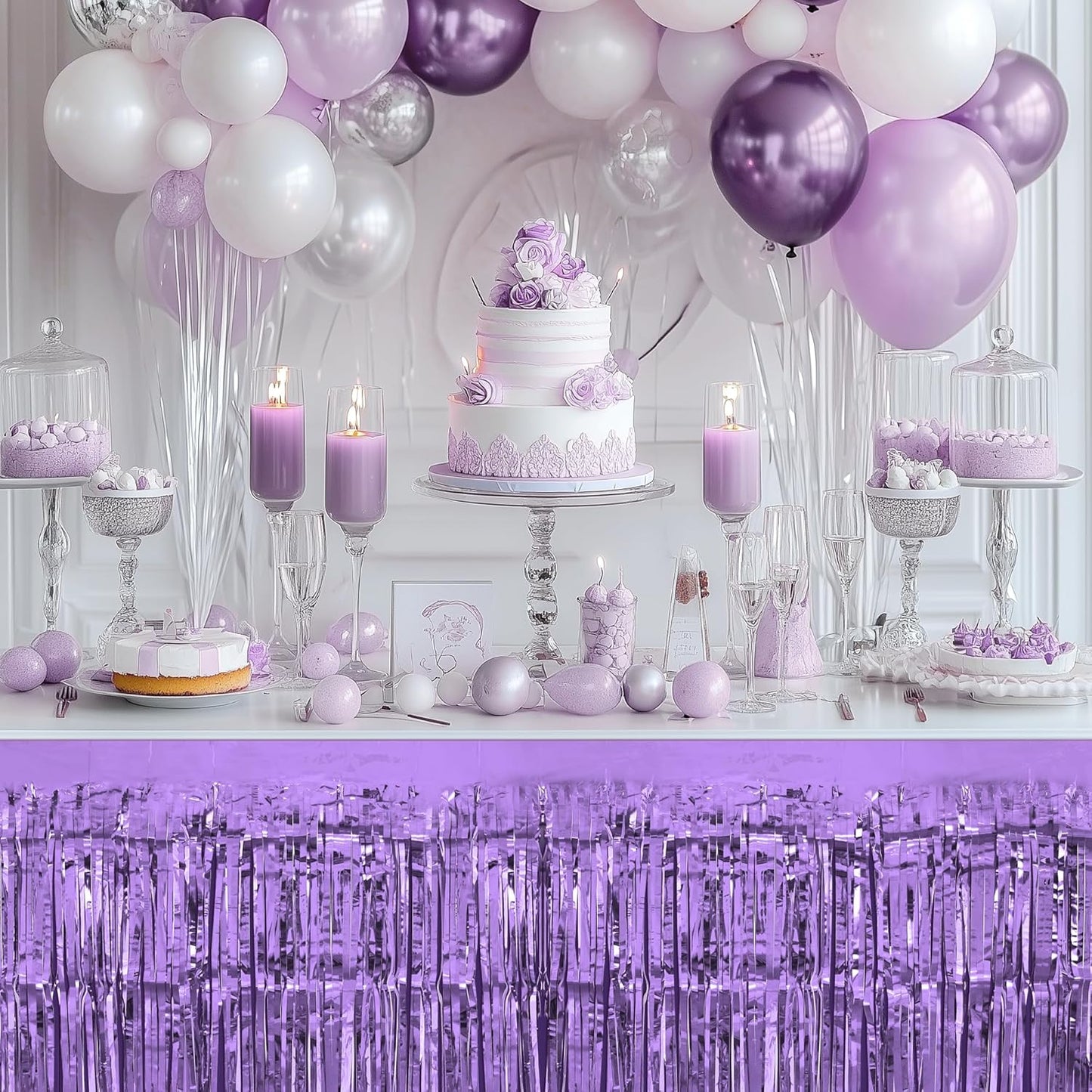1 Pack Light Purple Table Skirts, 29x108" Metallic Foil Tinsel Fringe Table Skirts for Rectangle Tables Streamer Curtains Backdrop, Party Decorations for Birthdays Weddings Holidays