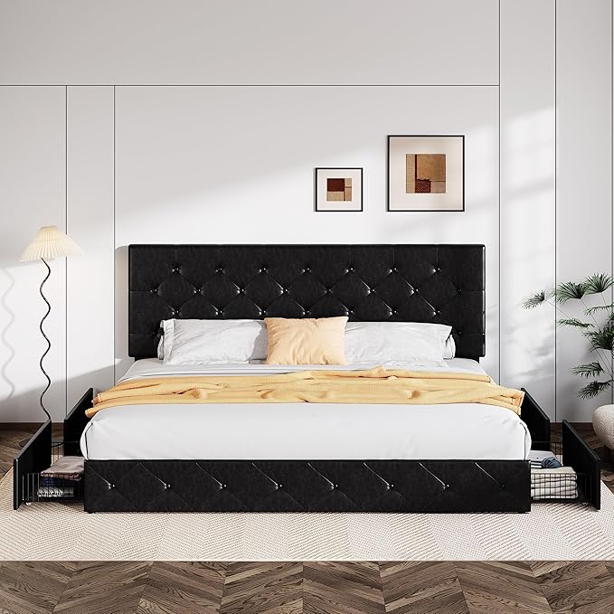 Allewie King Size Black Metal Faux Leather Platform Bed Frame - Image 3