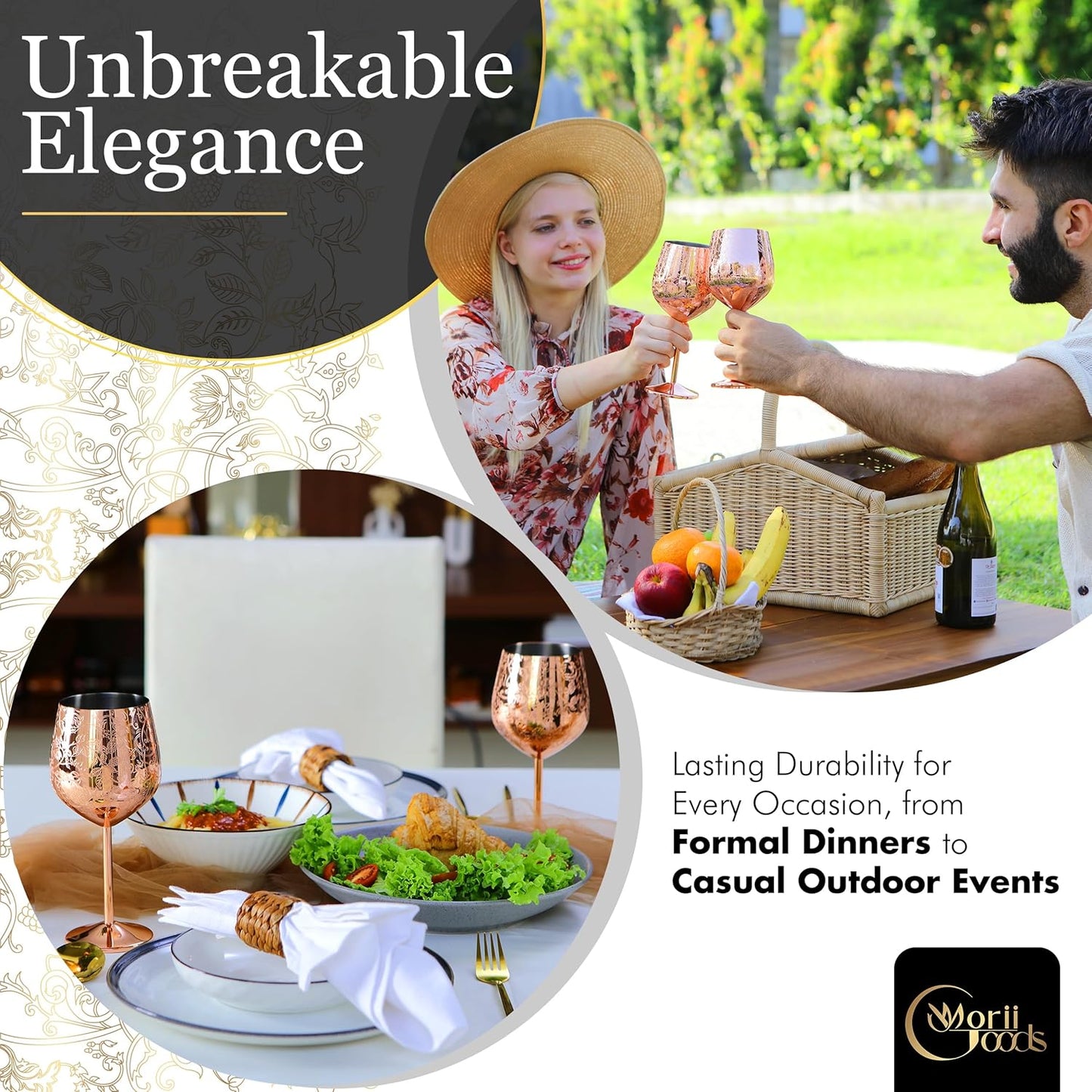 Stainless Steel Wine Glasses – Set of 2 Etched 16 oz Metal Goblets, Unbreakable Rose Gold Cups for Camping, Travel, Outdoor Events, Picnics, Luxury Wine Gifts for Women and Men