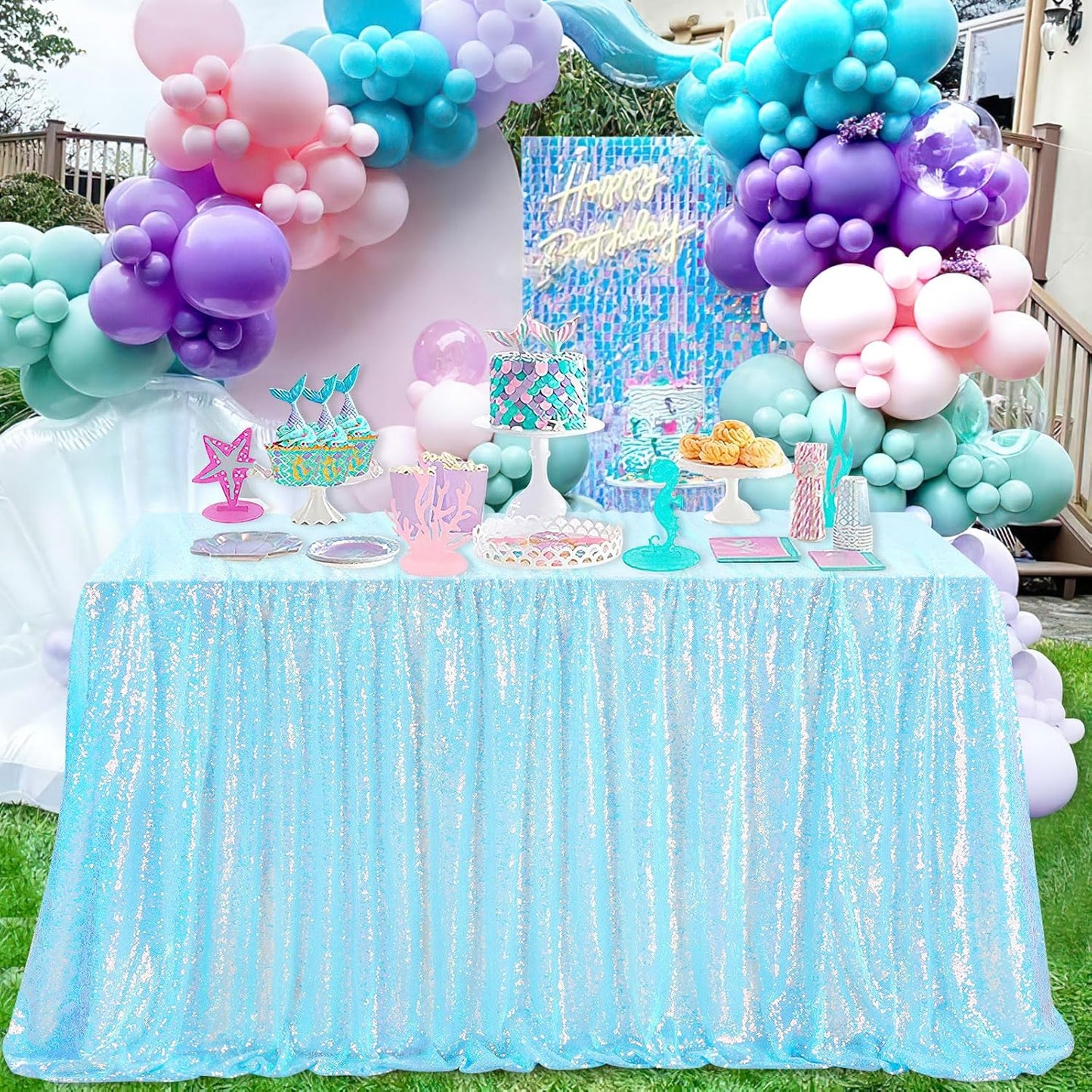 QueenDream Mermaid Blue Tablecloth 90x156 Inches Rectangle Tablecloths Sequin Iridescent Disco Party Decorations