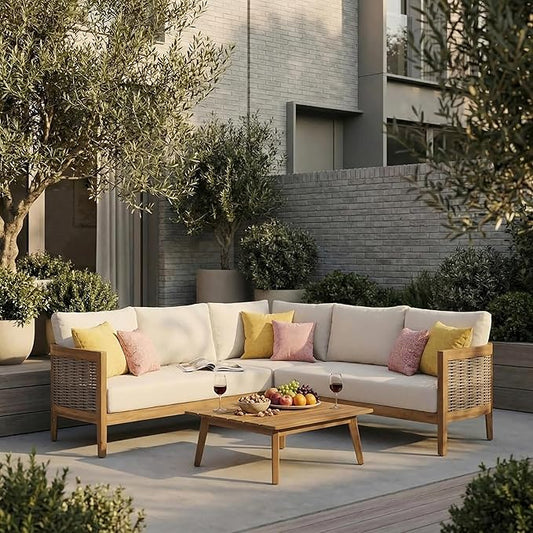 Merax 4 Piece Rattan Sofa Paito Conversation Set, All-Weather Acacia Wood by Merax