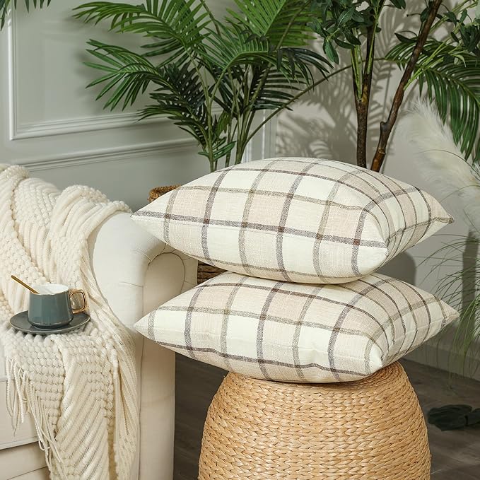 Stellhome Pack of 2 Linen Buffalo Check Decorative Throw Pillow Covers - Image 2