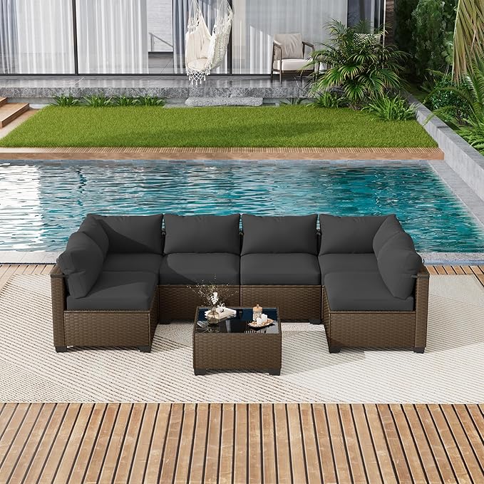 LOUVIXA 7 Piece Outdoor Patio Furniture Set, Outdoor Sectional Sofa, Wicker - Image 8