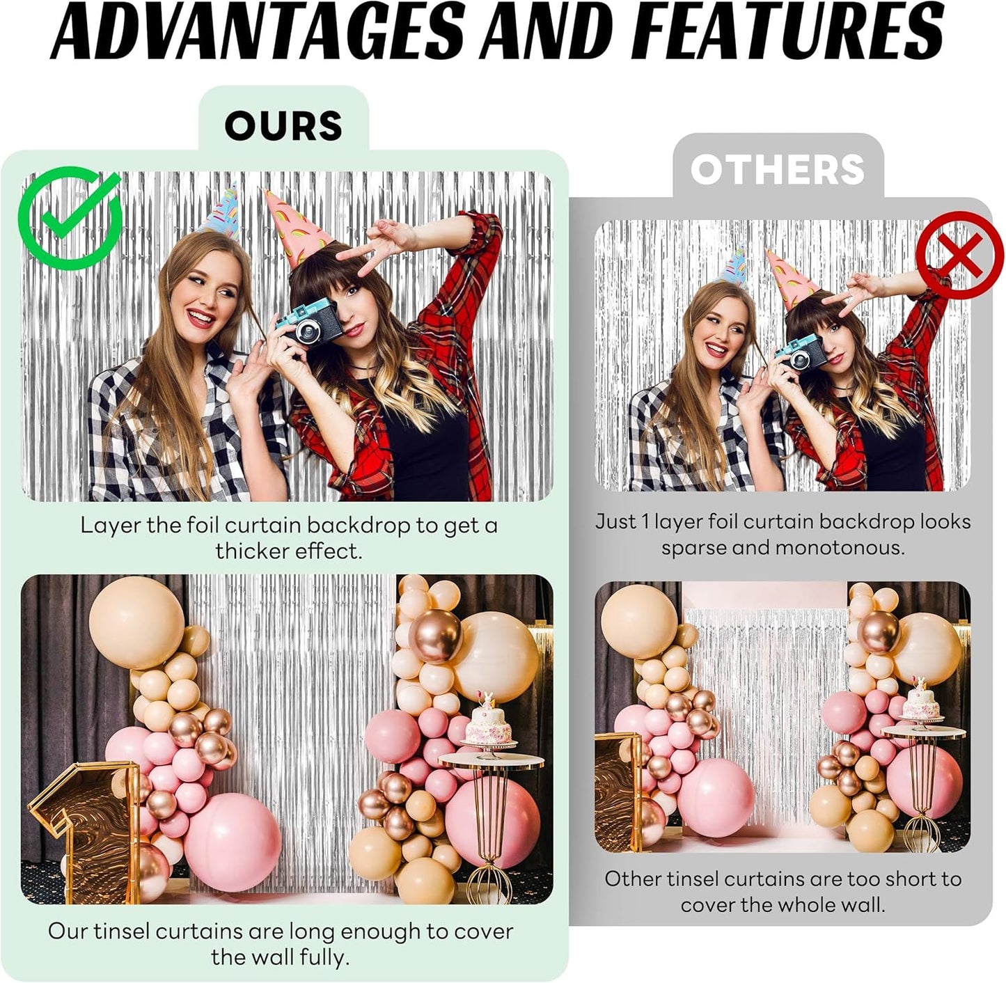 BTSD-home 10 Pack Silver Foil Fringe Curtain, Metallic Photo Booth Backdrop Tinsel Door Curtains for Wedding Birthday Bridal Shower Baby Shower Bachelorette Christmas Party Decorations(8ft x 3ft)