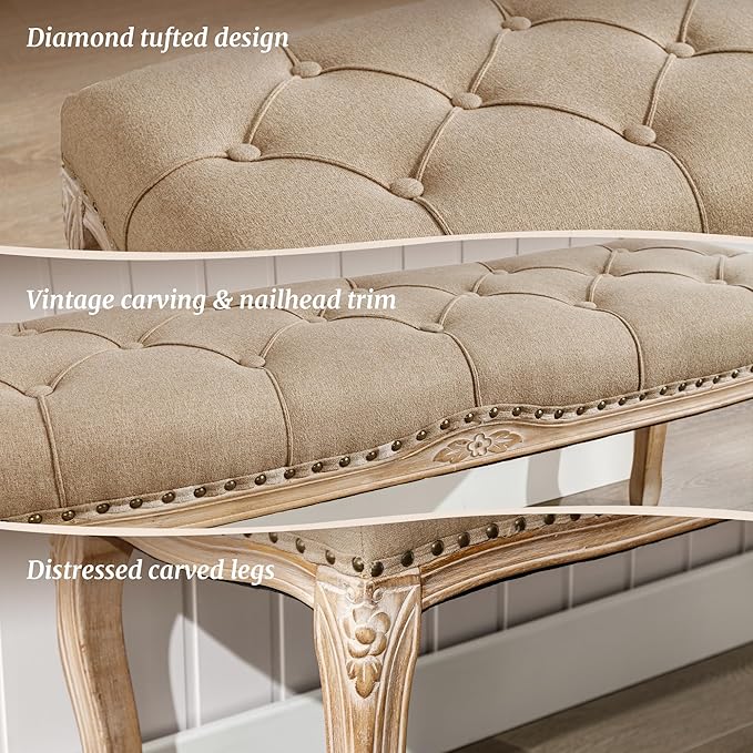 Cozyman Bedroom Bench, French Vintage Tufted Entryway Bench, 45.2" Carving - Image 4