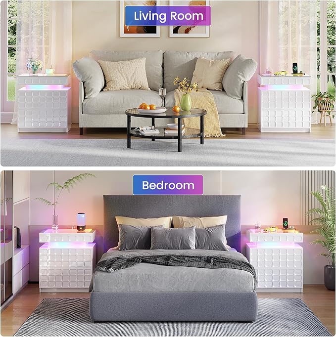 Night Stand with Charging Station and Smart RGB Lights, LED Nightstand with - Image 8