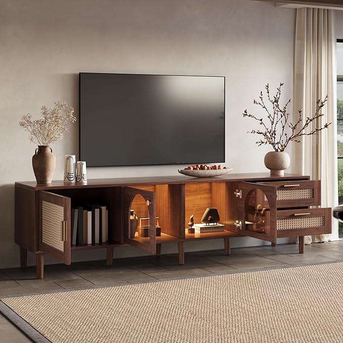 Merax Rattan TV Stand with LED Lights, Solid Wood Feet, Living Room, Bedroom - Image 4