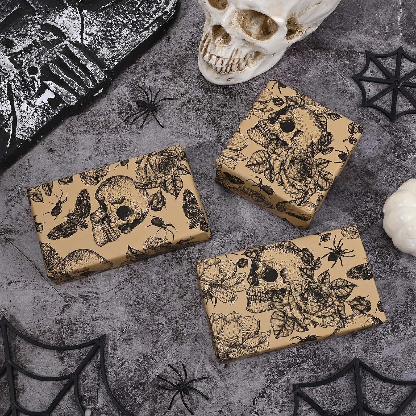 100 Sheets 20 * 14 Inches Vintage Halloween Tissue Paper Kraft Gothic Floral Skull Moth Spider Printed Tissue Paper for Gift Wrapping Spooky Decorative Tissue for Halloween Party DIY Craft Supplies