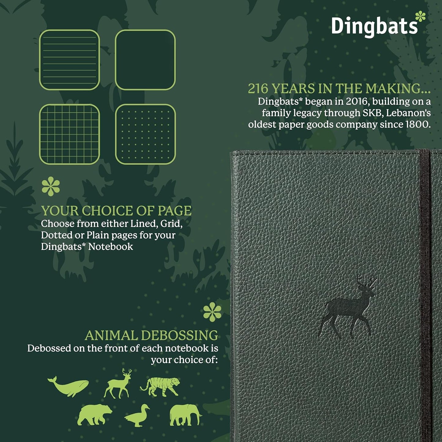 Dingbats* Wildlife Dotted Journal Notebook A5 - Vegan Leather Hard Cover, Ideal for Work, Travel - Pocket, Elastic Closure, Bookmark