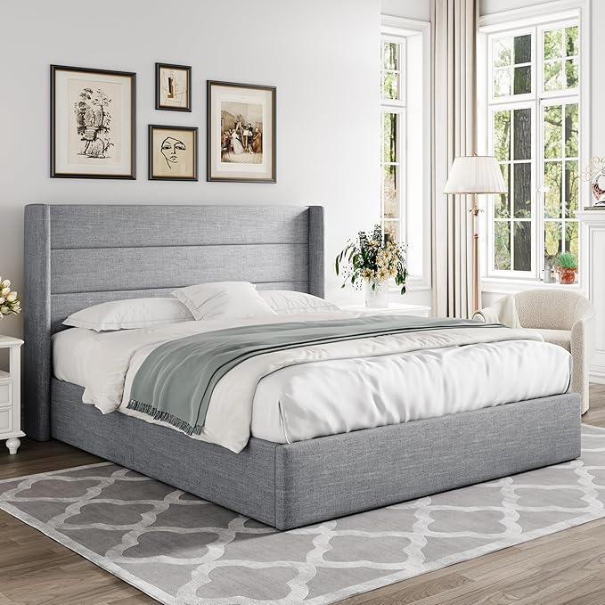 Allewie Queen Size Lift Up Storage Bed, Modern Wingback Headboard, Hydraulic - Image 8