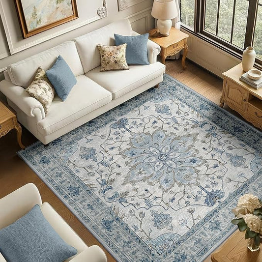 RELEANY Area Rugs Square 6ft Washable Non-Slip, Floral Vintage Distress Print by RELEANY