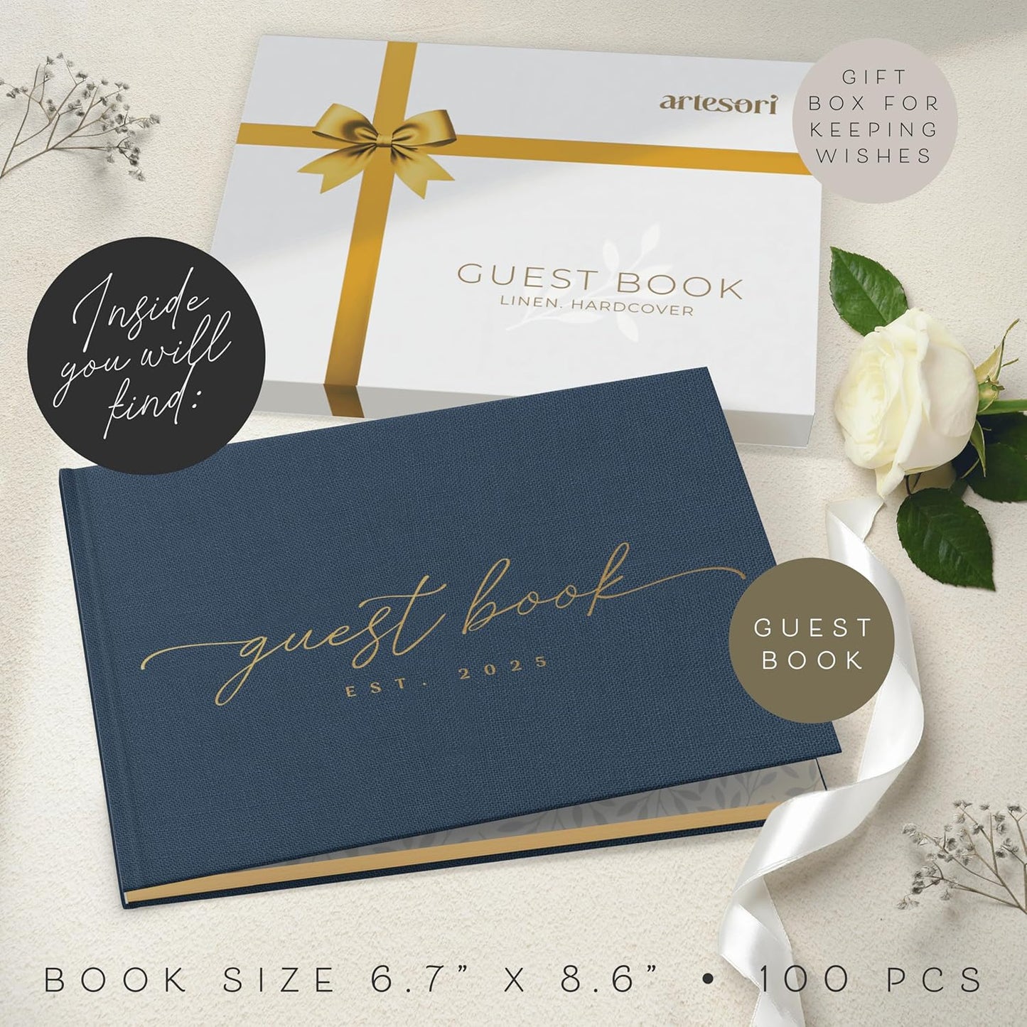 ARTESORI Custom 2025 Wedding Guest Book for Reception — Gold-Foiled Guestbook to Sign in, Elegant Baby Shower Guest Book for Party & Birthday — Photo & Polaroid Guest Book for Wedding & Bridal Shower