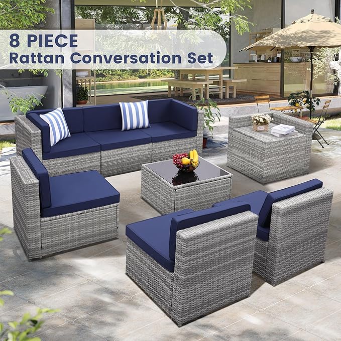 KROFEM 8-Piece Patio Furniture Set, Outdoor Wicker Rattan Sectional - Image 2