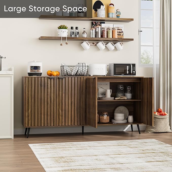 Smuxee 63" Fluted Sideboard Cabinet, Freestanding Walnut Buffet Cabinet - Image 7