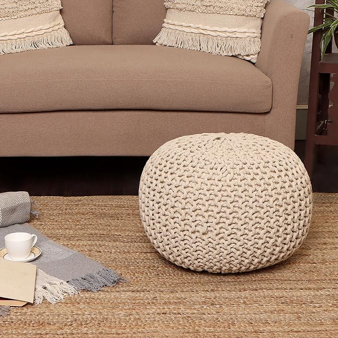 REDEARTH Round Pouf Ottoman –18"x18"x14" Hand-Knitted Cotton Pouffe –Cable - Image 2